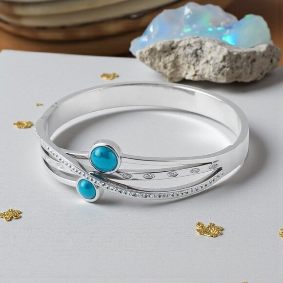 🆕️18K Gold Plated Turquoise & Zirconia Bangle Bracelet | Dainty Elegant & Chic✨ - Picture 8 of 16